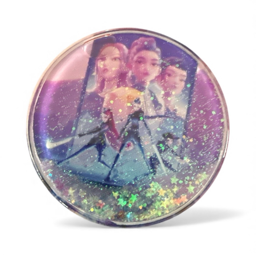 Dual sided magnifying Demon Hunter round compact mirror with floating glitter